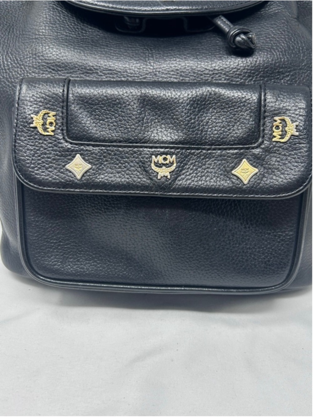 Vintage MCM Black Pebbled Leather Backpack Gold Hardware Drawstring - Picture 8 of 16